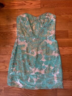 Milly Strapless Mint Green Dress with Gold Accents mini structured cocktail 6 8
